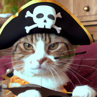 Cat dressed as a pirate Has one eye patch Eyes wearing pirate decorations Wear a cool hat.,HD